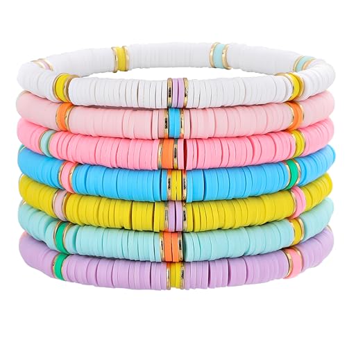 Summer Surfer Heishi Bracelet Set for Women Stackable Gold Plated Clay Ploymer Bead Stretch Pink Beach Layering Bracelets Jewelry - color: B-A5 cross 7pcs