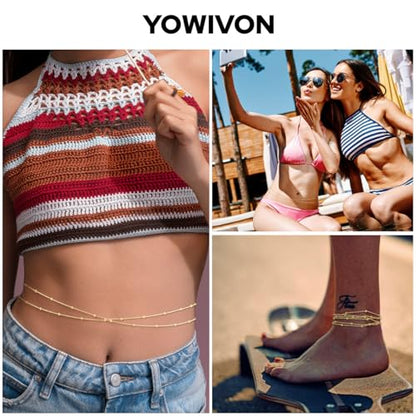 Yowivon Waist Chain for Women, 14K Gold Plated Body Chain, Dainty Cuban Layered Belly Beads Chains, Waterproof Adjustable Sexy Bikini Beach Jewelry Accessories Daily Belts Gifts - style: 1Pcs-Bead