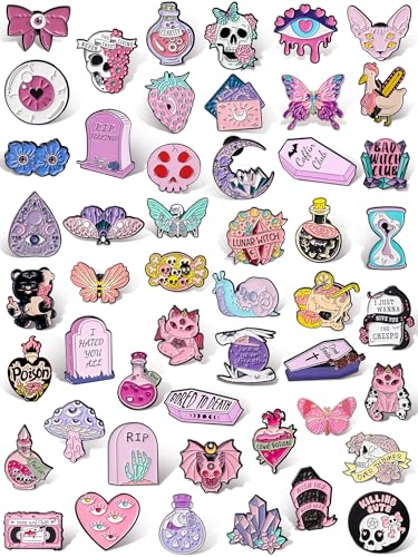 Yinkin 50 Pcs Spooky Enamel Pins Bulk Punk Goth Witchy Cute Skull Cat Butterfly Brooch Pink and Purple Decorative Lapel Pins for Backpack Clothes, Bags, Hats