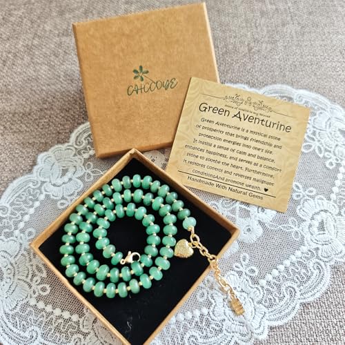 Boho Gemstone Beaded Necklace for Women – Colorful Natural Stone Choker 18K Solid Heart-Shaped Pendant, Summer Beach Jewelry - color: Green Aventurine