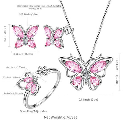 Aurora Tears Butterfly Jewelry,Women 925 Sterling Silver Butterflies Birthstone Pendant Necklace/Earrings/Rings Wedding Gift - color: J.October-set 2