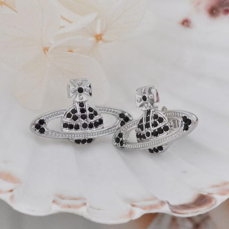 Dreuyet Saturn Pearl Necklace and Earrings Set Crystal Planet Earrings Dainty Artificial Pearl Choker Necklace Charm Gifts for Mum Wife Wedding Birthday Anniversary - color: Black