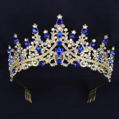 COCIDE Blue Crowns fpr Women Blue Tiaras for Women Royal Crown Hair Accessories Princess Halloween Cosplay Birthday Pageant Bride Headpieces Wedding Bridal - color: V3,Blue&Gold