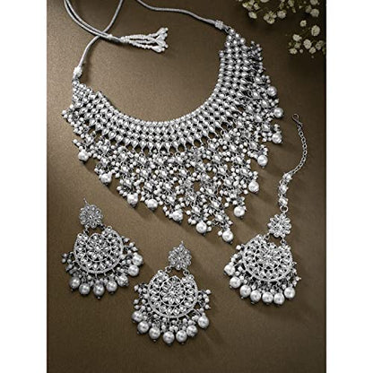 Aheli Elegant Indian Wedding Wear Faux Kundan Studded Choker Necklace with Maang Tikka Set Ethnic Fashion Jewelry for Women Maroon Kundan & Pearl Drop - color: Rhodium White