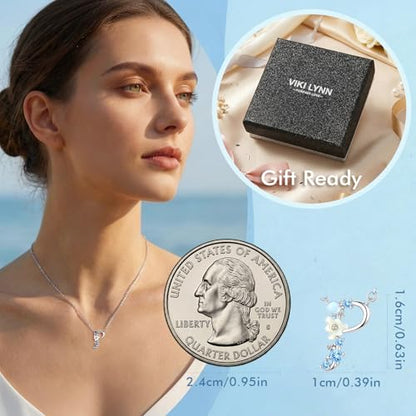 VIKI LYNN Initial Necklace for Women 925 Sterling Silver Initial A to Z Letter Pendant Necklace with Blue Flower Cubic Zirconia Birthday Engagement Gift for Women,Mom, Couple - style: Letter P