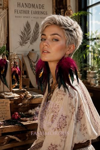 Boho Burgandy Feather Earrings for Women – Long Lightweight Statement Dangle Earrings for Festival, Gifts & Summer Style – FASHMOROUS