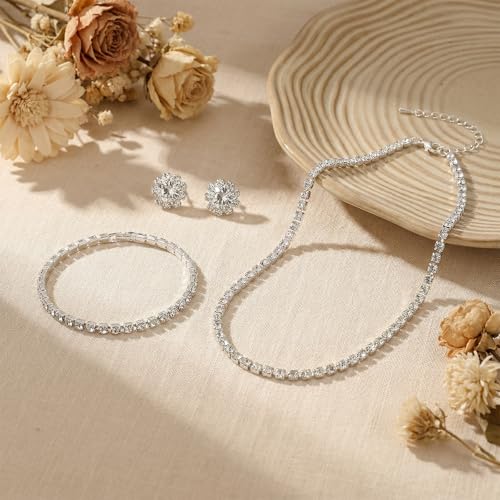 Silver Bridal Wedding Jewelry Set Necklace Earrings Bracelet,Silver | Elegant, Rhinestone, for Women, Bridesmaid, Bridal Wedding Jewelry Sets, Formal, Costume, Accessories