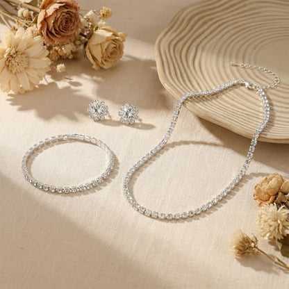 Silver Bridal Wedding Jewelry Set Necklace Earrings Bracelet,Silver | Elegant, Rhinestone, for Women, Bridesmaid, Bridal Wedding Jewelry Sets, Formal, Costume, Accessories