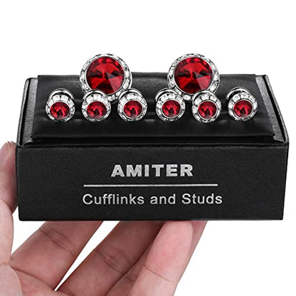 AMITER Crystal Cufflinks and Tuxedo Studs for Men, Cuff Links Suits for Shirt Formal Dress Business Wedding Anniversary - color: Red