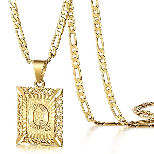 KissYan Initial Letter Pendant Necklace for Men Women, 14K Gold Plated Square Capital Monogram Necklace Alphabets from A-Z Figaro Chain Jewelry | 14K Gold Filled/White Gold Plated, Square Letter Capital Monogram Pendant with 20''+2'' Figaro Chain, Alphabe