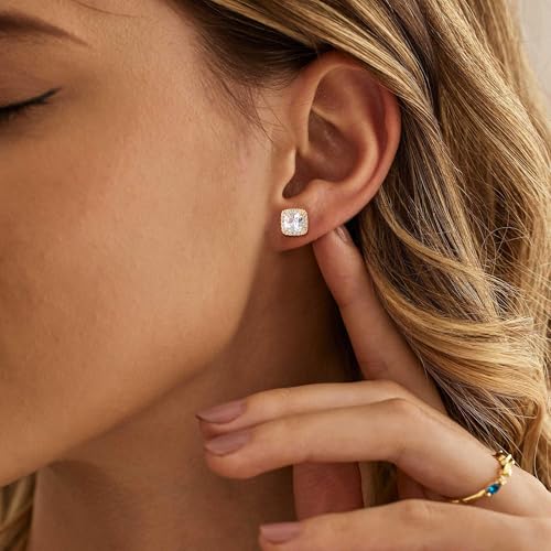 Cubic Zirconia Stud Earrings for Women Men 14K Gold-Plated Halo Stud Earrings Hypoallergenic Earrings CZ Halo Stud Earrings for Sensitive Ears - style: A-GOLDEN