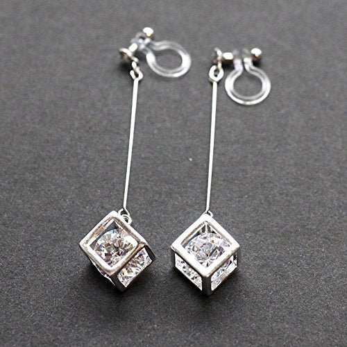 Drop Cubic Zirconia Invisible Clip On Earrings for Women Not Pierced Gold Teardrop Sqaure CZ Crystal Dangle Gold Silver Comfortable Clip On Earrings Bridal Wedding Prom - color: Cube Silver