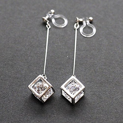Drop Cubic Zirconia Invisible Clip On Earrings for Women Not Pierced Gold Teardrop Sqaure CZ Crystal Dangle Gold Silver Comfortable Clip On Earrings Bridal Wedding Prom - color: Cube Silver