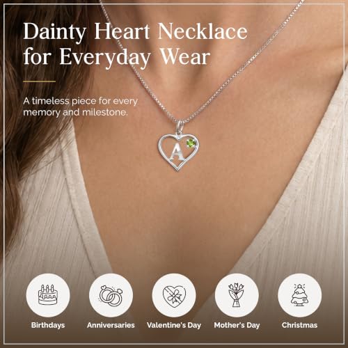 Sterling Silver Heart and Letter Personalized Birthstone Pendant with Box Chain Necklace - Heart & Letter - A - Peridot - August
