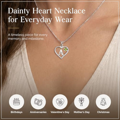 Sterling Silver Heart and Letter Personalized Birthstone Pendant with Box Chain Necklace - Heart & Letter - A - Peridot - August
