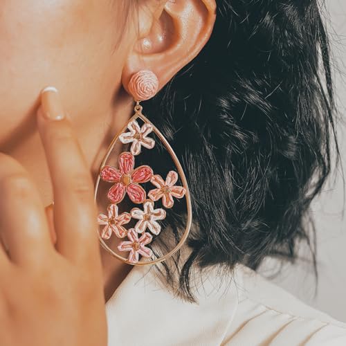 Boho Raffia Flower Teardrop Earrings Cute Colorful Dangle Trendy Jewelry | Floral Drop Statement Big Dangling Earring Hypoallergenic Gold Fun Unique Summer Spring Beach Vacation Outfits for Women - color: Pink