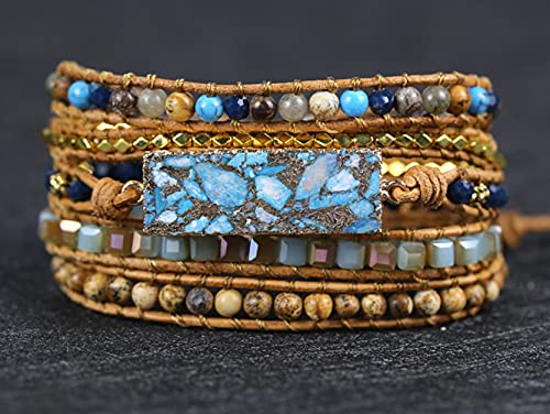 Women Wrap Bracelets Boho Natural Stone Jasper Turquoises Strand Bracelet Jewelry Collection - color: Gold Line Turquoise