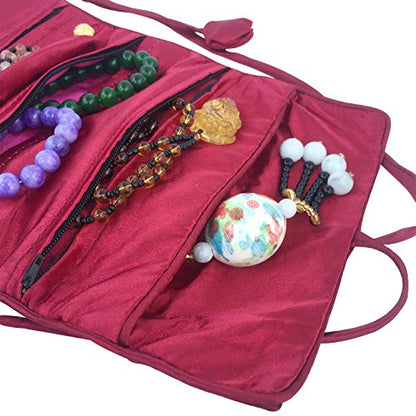 Travel Jewelry Roll Bag - Embroidered Brocade Pouch for Rings, Necklaces, Earrings, Bracelets | Lightweight & Tie Closure (Wine Red) - color: Wine Red