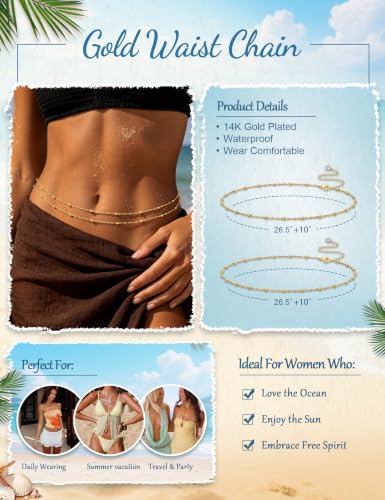 Double Layer Waist Chain for Women, Adjustable Belly Chain | HEVOCY Waist Chain for Women, Gold / Silver Double Layer Belly Chain with Beaded Design, Adjustable Body Chain Jewelry Beach - color: Gold