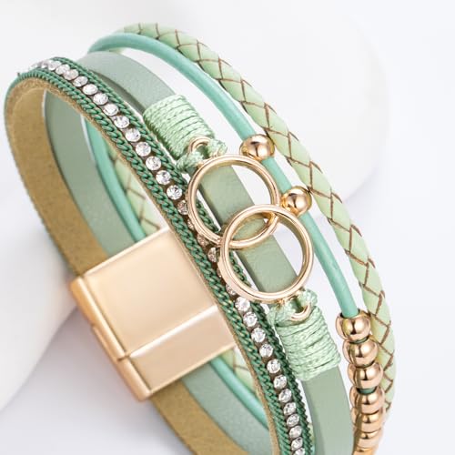 Chunky Boho Leather Wrap Bracelets Cowgirl Beaded Circle Western Jewelry | Stackable Infinity Layered Bohemian Magnetic Clasp Cuff Statement Fashion Colorful Country Hippie Outfits for Women Trendy - color: Avocado