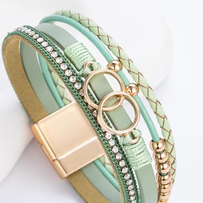 Chunky Boho Leather Wrap Bracelets Cowgirl Beaded Circle Western Jewelry | Stackable Infinity Layered Bohemian Magnetic Clasp Cuff Statement Fashion Colorful Country Hippie Outfits for Women Trendy - color: Avocado