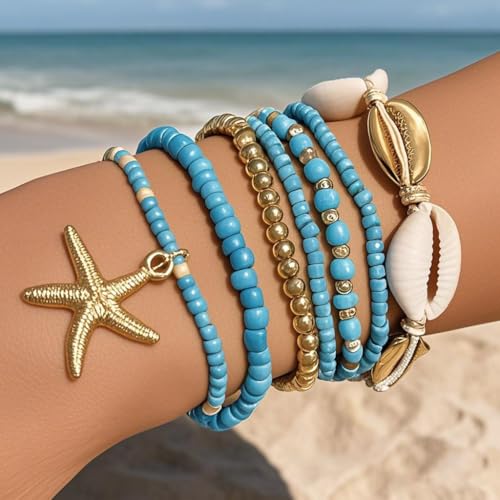 Bohemian Starfish Bracelets for Women - Adjustable Stackable Beach Bracelets, Handmade Stretchy Beaded Summer Jewelry, Perfect for Surf & Waterproof Fun - color: Blue
