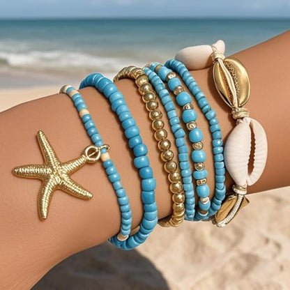 Bohemian Starfish Bracelets for Women - Adjustable Stackable Beach Bracelets, Handmade Stretchy Beaded Summer Jewelry, Perfect for Surf & Waterproof Fun - color: Blue