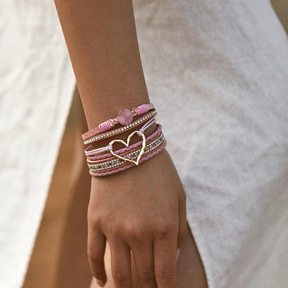 Multilayer Faux Leather Wrap Bracelet with Open Heart Charm Bohemian Stackable Crystal Clasp Bracelet for Women Birthday Gift - color: Pink