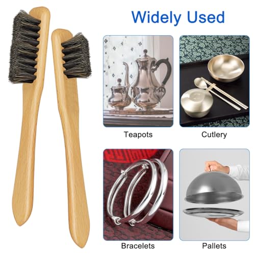 4 Pcs Horsehair Detail Brush Set, 2 Sizes Horsehair Silver Cleaning Brushes + 2 Pcs Polishing Cloth for Silverware, Silver Polish Set for Silverware Plateware Jewelry Sterling Cutlery Metal - size: 2Brushes+2Polishing Cloth