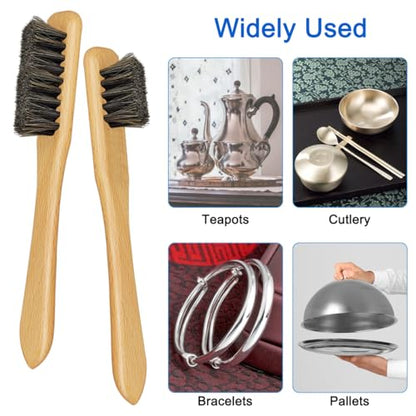 4 Pcs Horsehair Detail Brush Set, 2 Sizes Horsehair Silver Cleaning Brushes + 2 Pcs Polishing Cloth for Silverware, Silver Polish Set for Silverware Plateware Jewelry Sterling Cutlery Metal - size: 2Brushes+2Polishing Cloth