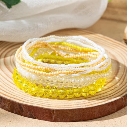 Bohemian Colorful Crystal Glass Beads Seed Beaded Bracelet Handmade Adjustable Stackable Elastic Strand Bangle for Women Summer Beach Hawaii Boho Wristbands Jewelry - color: yellow