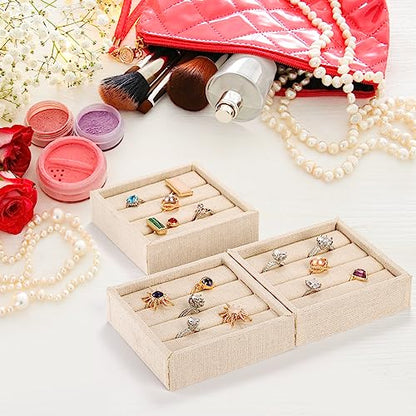 3 Pcs Linen 3 Slots Ring Earrings Display Trays, Ring Earrings Organizer Holder Jewelry Tray Box Showcase Display, Stackable Jewelry Organizer Trays, Jewelry Drawer Organizer Inserts