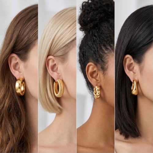 12 Pairs Chunky Gold Hoop Earrings Set for Women | Thick tube hoops, teardrop shapes, ribbed and twisted textures, hammered finish, lightweight trendy everyday jewelry set