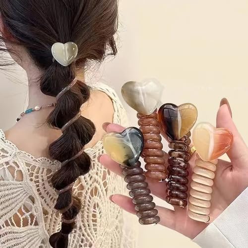 4 Pcs Heart Elastic Colorful Spiral Telephone Line Wire Hair Ties Band Ponytails Scrunchies for Women Elastic Love Head Band Wedding Birthday Party Daily Hair Accessories