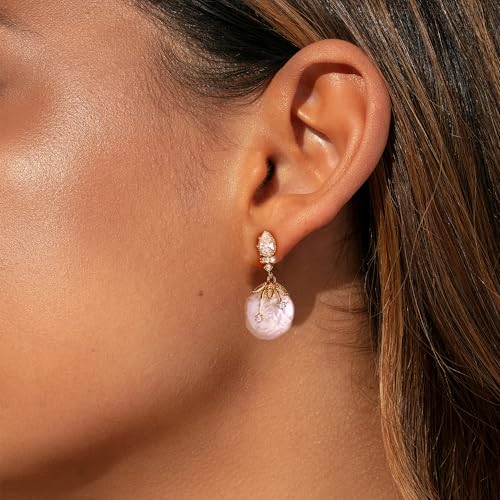 YOIHUR Drop Dangle Pearl Earrings for Women, Dainty 14K Gold Plated Pearl Hoop Earrings Hypoallergenic Wedding Pearls Dangle Earrings Jewelry Gift for Women Bridal - color: Gold-Pink Baroque Pearl Earrings