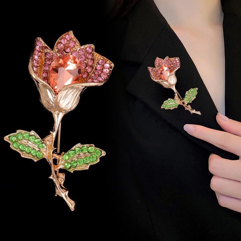 coadipress Tulip Floral Brooch Pin for Women Dainty Gold Plated Rhinestone Pearl Tulip Flower Green Leaf Broochs Pins Trendy Wedding Party Jewelry Accessories - style: Pink