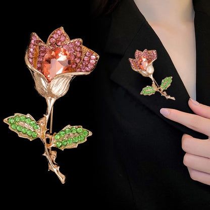 coadipress Tulip Floral Brooch Pin for Women Dainty Gold Plated Rhinestone Pearl Tulip Flower Green Leaf Broochs Pins Trendy Wedding Party Jewelry Accessories - style: Pink