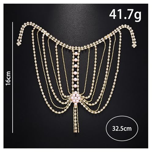 Mulit-layered Pearl Shoulder Chain Jewelry Festival Rave Rhinestone Bra Chain Sexy Bridal Wedding Crystal Arm Chain Jewelry for Women - color: Gold