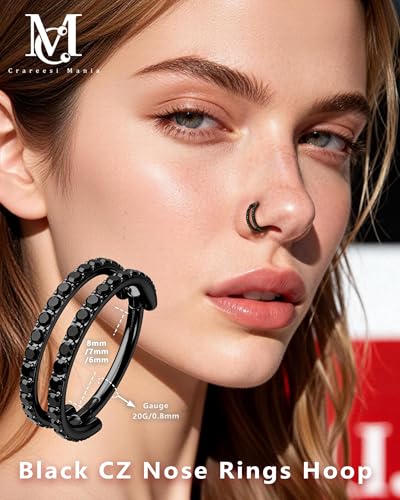 Nose Ring Hoop, 316L Stainless Steel Double Nose Rings, 20G Nose Piercing Jewelry for Women, Clear CZ Helix Cartilage Septum Nose Hoops - color: Black-6mm