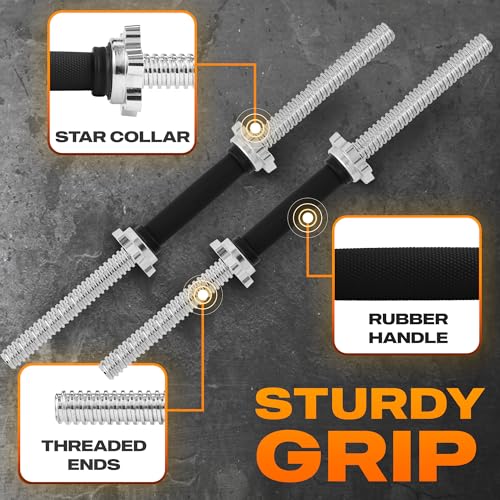 Yes4All Threaded Dumbbell Handles, Adjustable Dumbbell Bar Pair, 14/16/18/24-Inch Sizes, Fits 1" or 1.15" Plates, Non-Slip Grip, Secure Star-Lock Collars - color: 24" - Chrome & Rubber - Silver