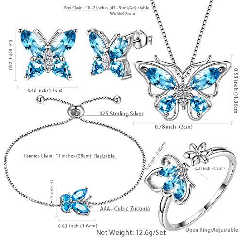 Aurora Tears Butterfly Jewelry,Women 925 Sterling Silver Butterflies Birthstone Pendant Necklace/Earrings/Rings Wedding Gift - color: C.March-set 3