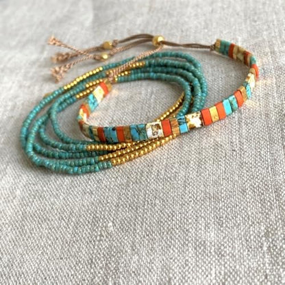 Tila Flat Beaded Stretch Bracelets for Women Stackable Gold Colorful Seed Beads Boho Bracelet Stack Adjustable Rope String Friendship Jewelry Trendy Holiday Gift - color: Teal