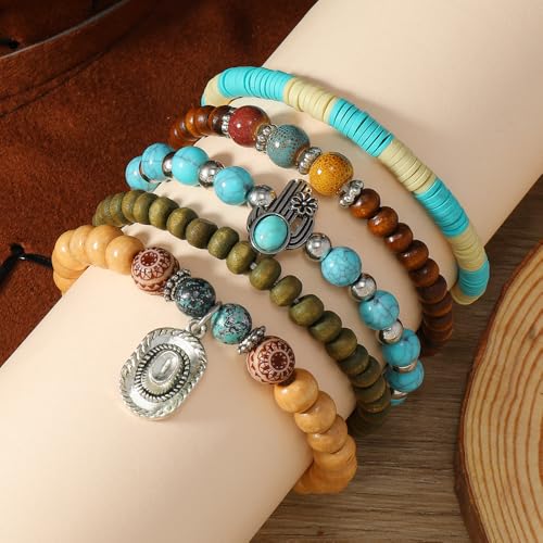 LOTSOF Western Turquoise Beaded Bracelet, Chic Stack Beaded Western Style for Country Concerts, Cowgirl Outfits & Boho Jewelry - color: A set of five hats