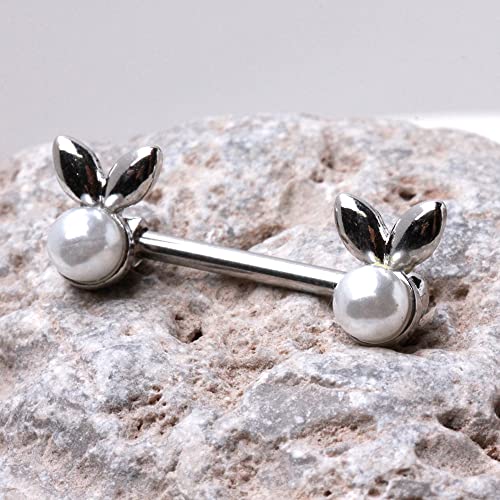 Pierced Owl 14GA 316L Stainless Steel White Faux Pearl Bunny Nipple Barbells, Sold as a Pair