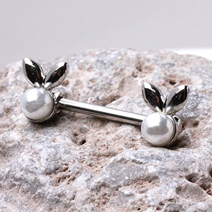 Pierced Owl 14GA 316L Stainless Steel White Faux Pearl Bunny Nipple Barbells, Sold as a Pair