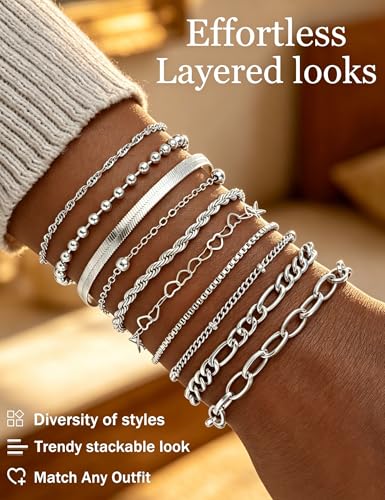 10 Pcs Gold Bracelets for Women, 14K Gold Plated Stackable Cuban Link Paperclip Chain Bracelet Set, Dainty Gold Bracelets Stack Jewelry - color: Silver