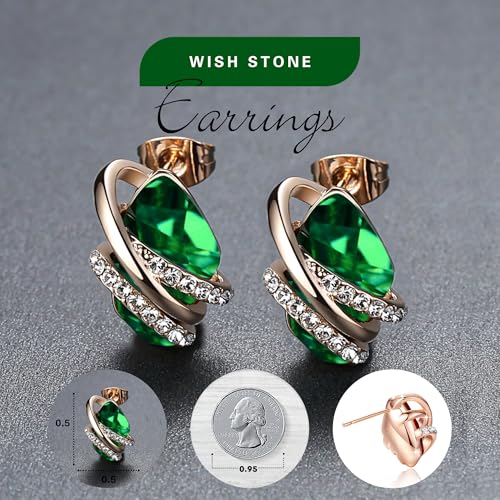 Gifts for Women, Wish Stone Stud Earrings with Birthstone Crystals, 18K Rose Gold Plated or Silver-tone - color: 105-May Birthstone-Emerald Green-Rose Gold Plated
