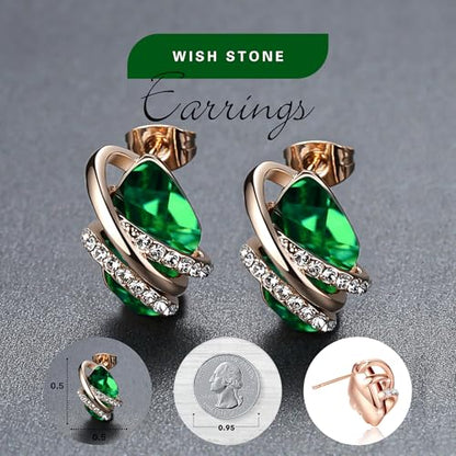 Gifts for Women, Wish Stone Stud Earrings with Birthstone Crystals, 18K Rose Gold Plated or Silver-tone - color: 105-May Birthstone-Emerald Green-Rose Gold Plated