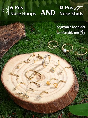 Jstyle Nose Rings for Women Men Surgical Steel Nose Hoops L Studs 18G/20G | Hypoallergenic Nostril Jewelry, Implant Grade Septum, Lip, Helix, Cartilage Piercing Jewelry with CZ, Opal, Snake Gold/Silver - color: 14K Gold, size: 18G