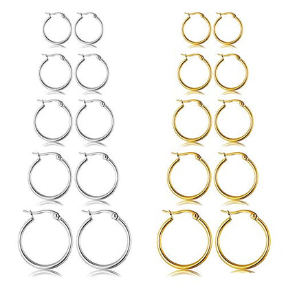5-10 Pairs Small Gold Silver Hoop Earrings for Women, Stainless Steel Earrings Set Mens Lightweight Thin Hypoallergenic Small Hoops Set - style: 10pcs-Gold+Silver-2